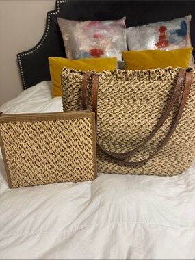 Erik Javitz New York wovenStraw Tote Bag used goodwith ZipPouch -Pouch good fear